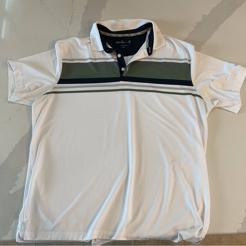 Men’s Walter Hagen Perfect 11 polo. White with multi color stripe. Size XXL
